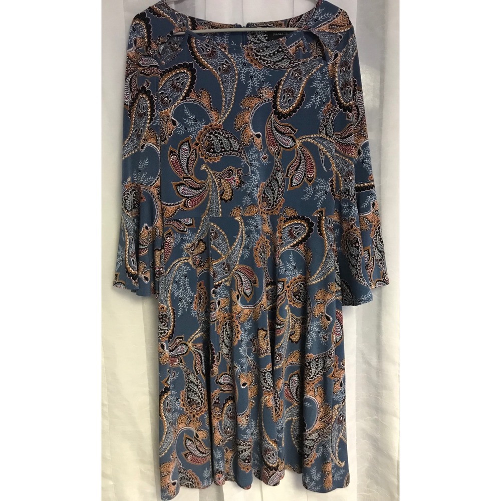 Ivanka Trump Blue Paisley Bell Sleeve‎ Cut Out Shoulder Fit Flare Dress Size M